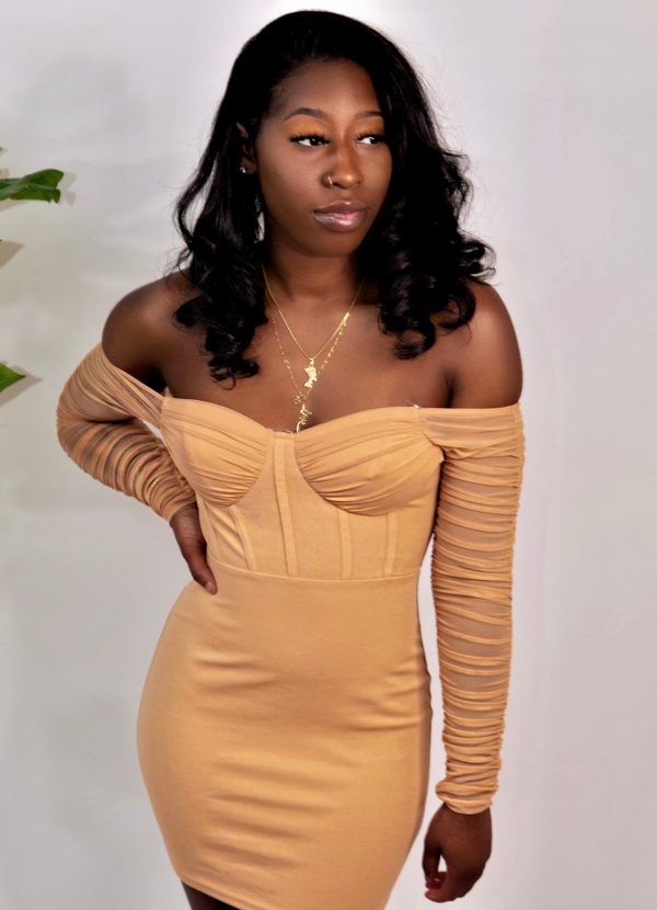 Camel corset mini bodycon dress close