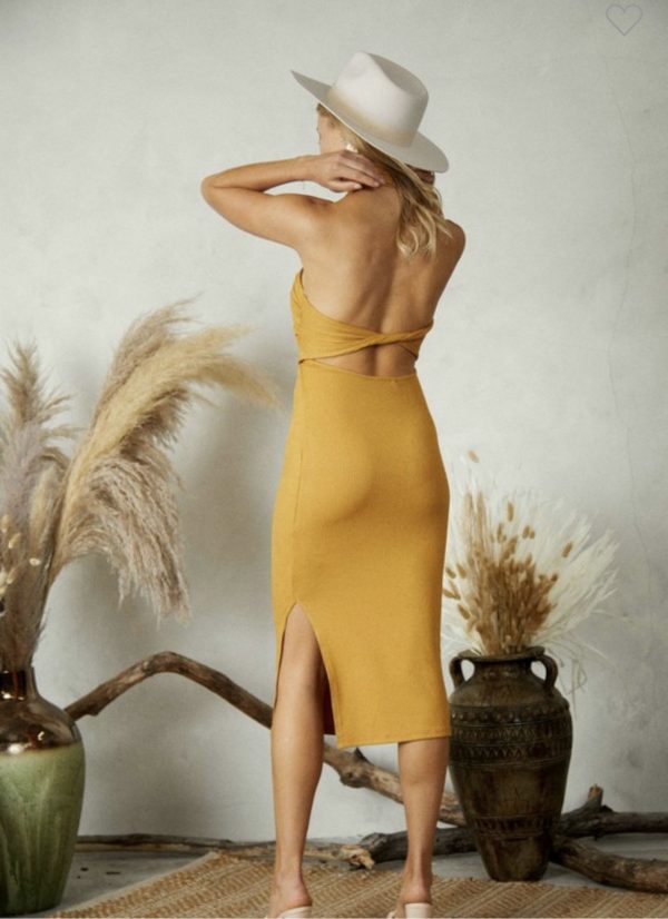 Mustard Yellow halter neck midi dress back
