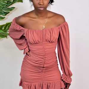 Pink ruffle mini dress close