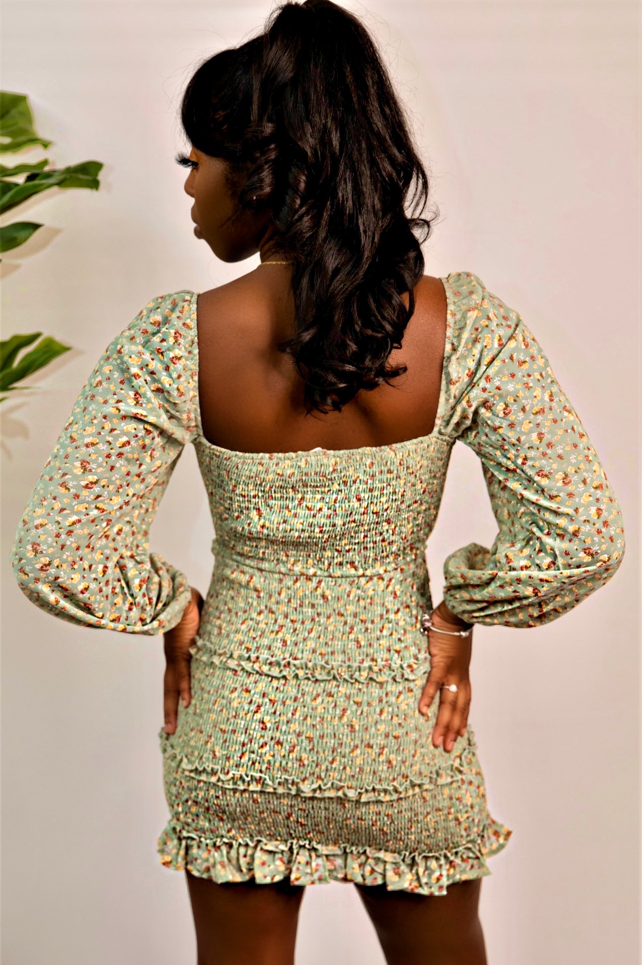 Sage floral mini dress back Sage floral mini dress back
