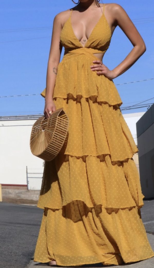 mustard ruffle maxi dress front